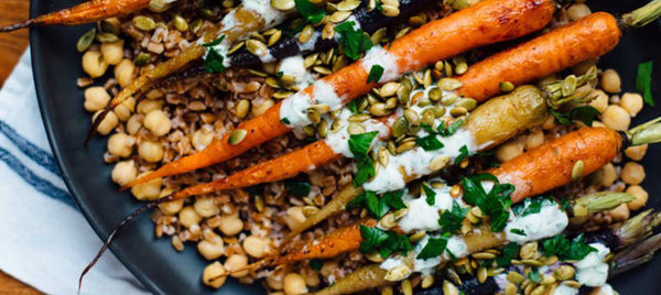 Roasted Carrots with Farro, Chickpeas & Herbed Crème Fraîche