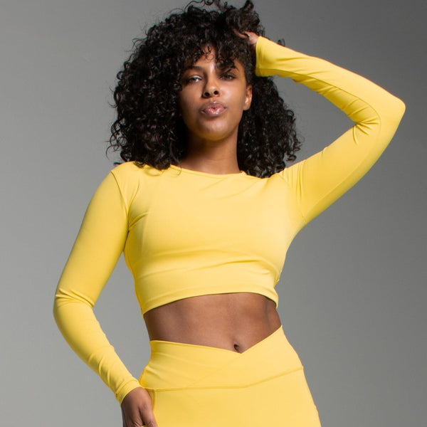 Vibes Long Sleeve Shapewear Cropped Top - Yellow What Waist